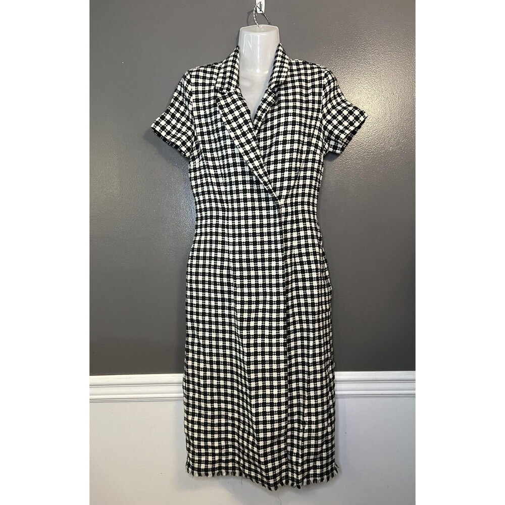 GANT Rugger Dress Womens Medium Black White Plaid Short Sleeve Wool Blend Midi